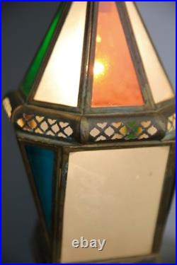 Vintage Antique Stained Glass Hanging Ceiling Lantern Lamp Swag Light brass