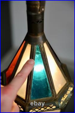 Vintage Antique Stained Glass Hanging Ceiling Lantern Lamp Swag Light brass