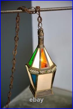 Vintage Antique Stained Glass Hanging Ceiling Lantern Lamp Swag Light brass