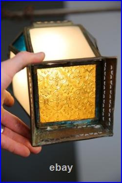 Vintage Antique Stained Glass Hanging Ceiling Lantern Lamp Swag Light brass