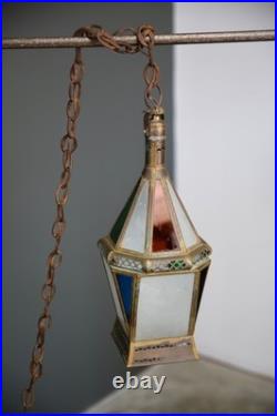 Vintage Antique Stained Glass Hanging Ceiling Lantern Lamp Swag Light brass