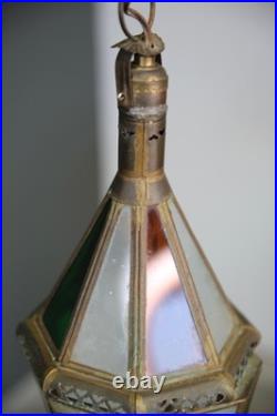Vintage Antique Stained Glass Hanging Ceiling Lantern Lamp Swag Light brass