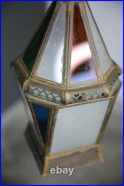 Vintage Antique Stained Glass Hanging Ceiling Lantern Lamp Swag Light brass