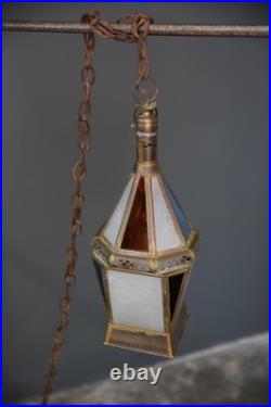 Vintage Antique Stained Glass Hanging Ceiling Lantern Lamp Swag Light brass