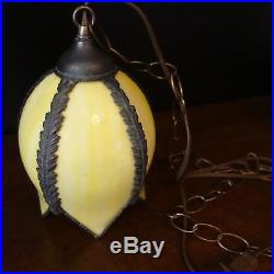 Vintage Antique Yellow Gold Stained Glass Tulip Swag Light Lamp Hanging Chain