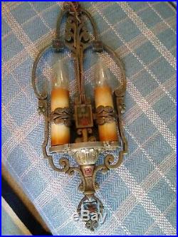 Vintage Art Deco 2 bulb Hanging Lamp Light Cast Iron