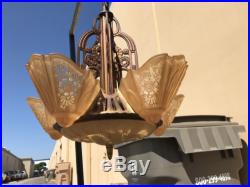 Vintage Art Deco 5 Light SLIP SHADE Chandelier Lamp Hanging Light OMG