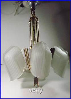 Vintage Art Deco 5 Slip Shade Hanging Lamp Chandelier Silver & Gold