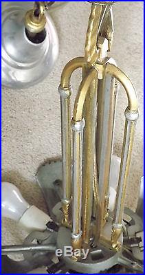 Vintage Art Deco 5 Slip Shade Hanging Lamp Chandelier Silver & Gold