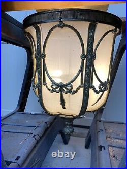 Vintage Art Deco Brass & Cloth Linen Ceiling Fixture Hanging Light Lamp