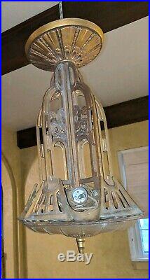 Vintage Art Deco Hanging Light w Amber Bottom Shade Cast Iron Ceiling Lamp
