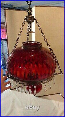 Vintage Art Deco Ruby Red Crystal Hurricane Chandelier Hanging Swag Light Lamp