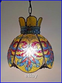 Vintage Art Nouveau Tin Plastic Lucite Textured Panel Hanging Light Swag Lamp