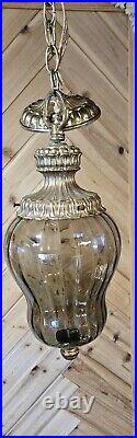 Vintage Beautiful MCM Smokey Glass Hanging Swag Lamp Hollywood Ornate Goldleaf