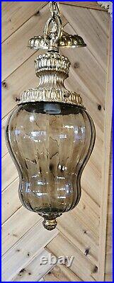 Vintage Beautiful MCM Smokey Glass Hanging Swag Lamp Hollywood Ornate Goldleaf