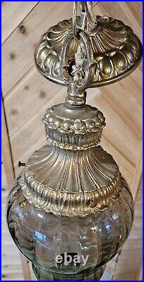 Vintage Beautiful MCM Smokey Glass Hanging Swag Lamp Hollywood Ornate Goldleaf