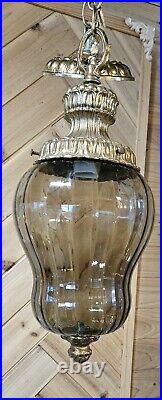 Vintage Beautiful MCM Smokey Glass Hanging Swag Lamp Hollywood Ornate Goldleaf