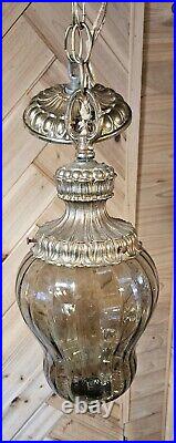 Vintage Beautiful MCM Smokey Glass Hanging Swag Lamp Hollywood Ornate Goldleaf