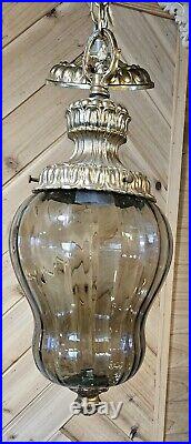 Vintage Beautiful MCM Smokey Glass Hanging Swag Lamp Hollywood Ornate Goldleaf