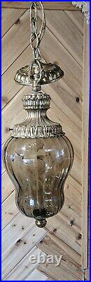 Vintage Beautiful MCM Smokey Glass Hanging Swag Lamp Hollywood Ornate Goldleaf