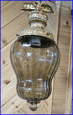 Vintage Beautiful MCM Smokey Glass Hanging Swag Lamp Hollywood Ornate Goldleaf