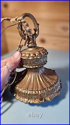 Vintage Beautiful MCM Smokey Glass Hanging Swag Lamp Hollywood Ornate Goldleaf