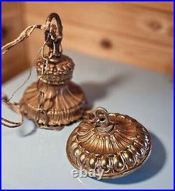 Vintage Beautiful MCM Smokey Glass Hanging Swag Lamp Hollywood Ornate Goldleaf