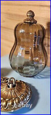 Vintage Beautiful MCM Smokey Glass Hanging Swag Lamp Hollywood Ornate Goldleaf