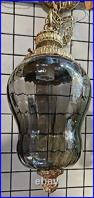 Vintage Beautiful MCM Smokey Glass Hanging Swag Lamp Hollywood Ornate Goldleaf
