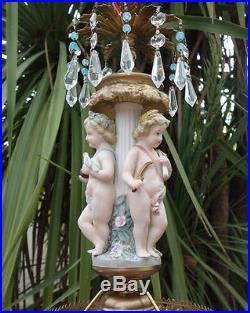 Vintage Bisque Porcelain Cherub grape Brass chandelier Swag hanging crystal lamp