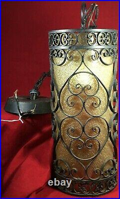 Vintage Black Wrought Iron Spanish Revival Gothic Amber Hanging Swag Lamp Light