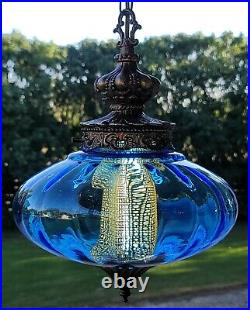 Vintage Blue Blown Optic Glass UFO Hanging Swag Lamp #2