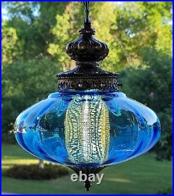 Vintage Blue Blown Optic Glass UFO Hanging Swag Lamp #2