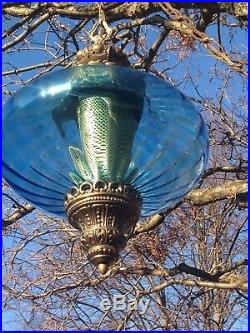 Vintage Blue Glass Swag Hanging Lamp Hollywood Regency Light