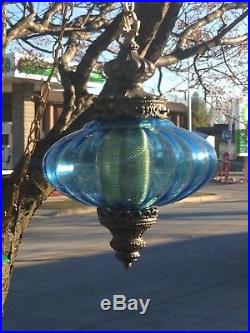 Vintage Blue Glass Swag Hanging Lamp Hollywood Regency Light