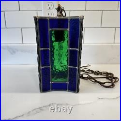 Vintage Blue Green Stained Glass hanging Light Swag MCM Mid Century Pendant