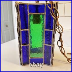 Vintage Blue Green Stained Glass hanging Light Swag MCM Mid Century Pendant