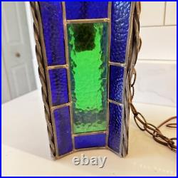 Vintage Blue Green Stained Glass hanging Light Swag MCM Mid Century Pendant