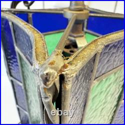 Vintage Blue Green Stained Glass hanging Light Swag MCM Mid Century Pendant
