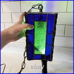 Vintage Blue Green Stained Glass hanging Light Swag MCM Mid Century Pendant