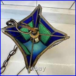 Vintage Blue Green Stained Glass hanging Light Swag MCM Mid Century Pendant
