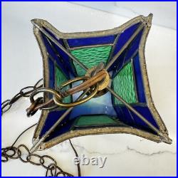Vintage Blue Green Stained Glass hanging Light Swag MCM Mid Century Pendant