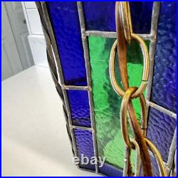 Vintage Blue Green Stained Glass hanging Light Swag MCM Mid Century Pendant