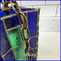 Vintage Blue Green Stained Glass hanging Light Swag MCM Mid Century Pendant