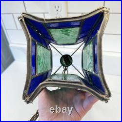 Vintage Blue Green Stained Glass hanging Light Swag MCM Mid Century Pendant