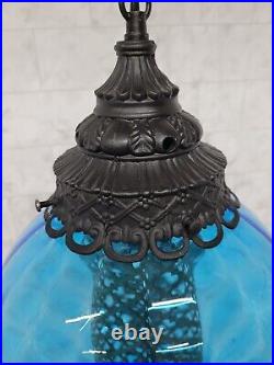 Vintage Blue Swag Lamp Black Hardware Glass Hanging Light Plug In Wall