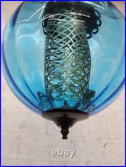 Vintage Blue Swag Lamp Black Hardware Glass Hanging Light Plug In Wall