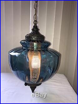 Vintage Blue Swag Lamp Brass Italian Rippled Hanging Lamp
