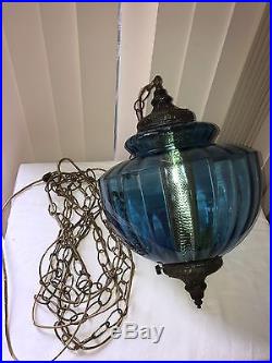 Vintage Blue Swag Lamp Brass Italian Rippled Hanging Lamp