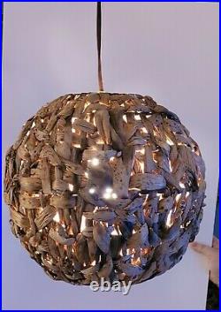 Vintage BoHo Woven Rattan Hanging Swag Globe Lamp MCM Retro Brown Wicker